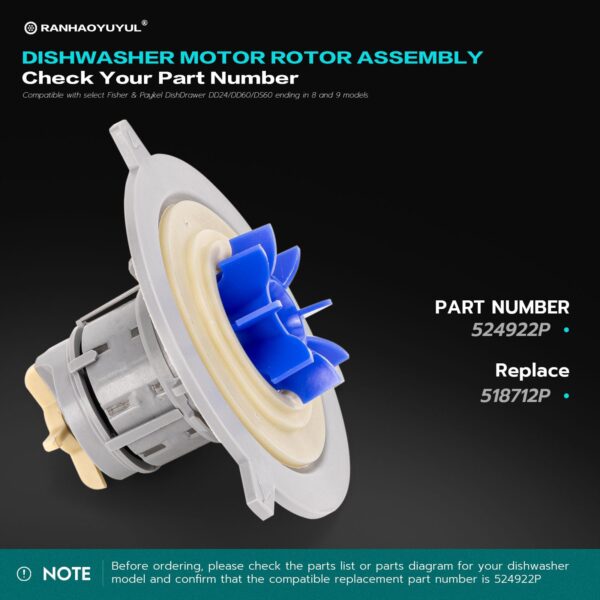 524922P Motor Rotor Assembly Fit for Fisher & Paykel Drawer DishDrawer - Image 3