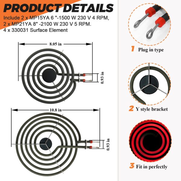 【2026 UPGRADED】MP22YA Electric Range Burner Element Unit Set(2 pcs MP15YA 6" & 2 pcs MP21YA 8") with 4 Pack 330031 Surface Element Receptacle Kit for Whirlpool Ken-more Ranges/Stoves by Beaquicy - Image 3