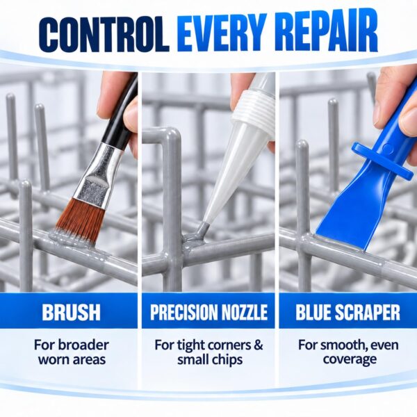 Dishwasher Repair Kit, Grey Dishwasher Rack Repair Coating for Vinyl-Coated Racks, 1.7 oz Waterproof High-Temperature Formula with Brush, Precision Nozzle and Sandpaper - Image 5