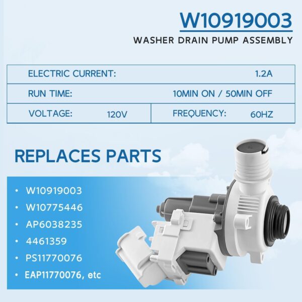 Upgraded W10919003 W10775446 Washer Drain Pump Assembly for Whirlpool Maytag Kenmore Amana Washing, Replaces WTW4816FW3 NTW4519JW2 NTW4516FW3 AP6038235 EAP11770076 PD00042517 Washer Drain Pump - Image 2