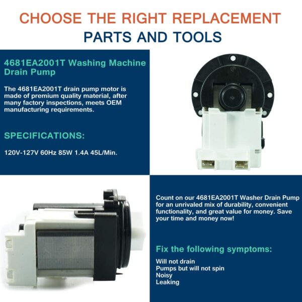 Kenmore 4681EA2001T Washer Drain Pump Motor Replacement - Includes Ring Seal, Replaces AP5328388, 4681EA1007D, 4681EA1007G - Image 2