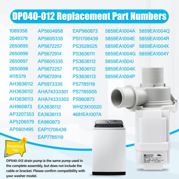 4681EA1007A DP040-012 Washer Drain Pump Assembly(OEM) Compatible with LG WT1501CW WT1201CV WT1201CW WT4870CW, Kenmore 796.31513210 and More, Replacement Parts 2649379 AP5672914 EAP7785119 PS7785119 - Image 2
