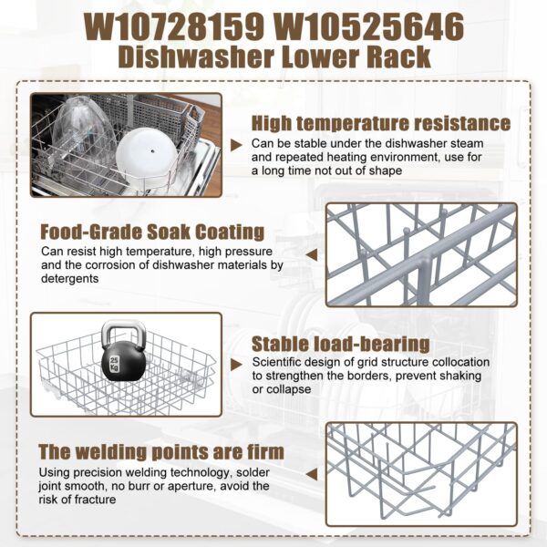 UPGRADED W10728159 W10525646 Dishwasher Lower Rack Replacement Compatible with Whirlpool Dishwasher Rack, Replace W10315890 W10078180 Kitchenaid Kenmore Elite Dishwasher Bottom Rack & WP3376961 wheels - Image 3