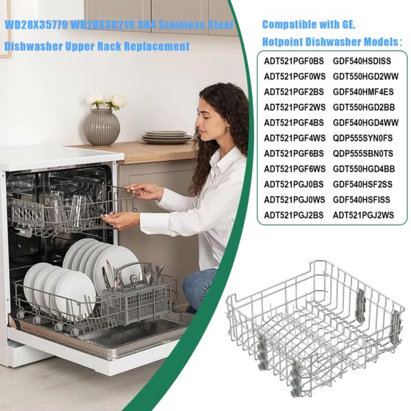 Upgraded 304 Stainless Steel WD28X35779 WD28X30219 Dishwasher Upper Rack Replacement for GE Dishwasher Rack Parts Hotpoint Models ADT521PGF0BS ADT521PGF0WS with WD12X22801 Wheels - Image 2