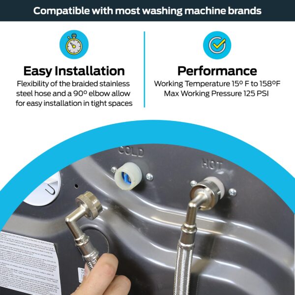 Eastman 5 ft Washing Machine Hose Connectors with Elbows, Pack of 2, 3/4 in FHT x 3/4 in FHT, Braided Stainless Steel, 41065 - Image 5