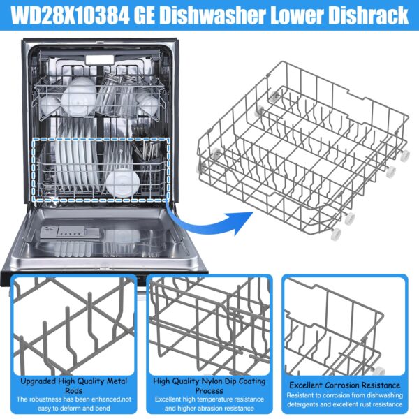 UPGRADED WD28X10384 Lower Rack Compatible with GE Dishwasher Rack Parts,WD28X10384 WD28X10165 WD28X10309 WD28X10166 GLD4560V00SS GLD4500N10BB GE Dishwasher Bottom Rack Replacement Parts with Wheels - Image 4