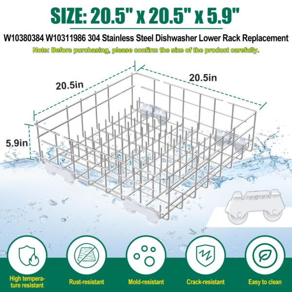 Upgraded 304 Stainless Steel W10311986 W10380384 Dishwasher Lower Rack Replacement for Whirlpool Dishwasher Bottom Rack 300563, DU911PCDQO with WP3376961 Wheels - Image 3