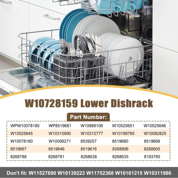 UPGRADED W10728159 W10525646 Dishwasher Lower Rack Replacement Compatible with Whirlpool Dishwasher Rack, Replace W10315890 W10078180 Kitchenaid Kenmore Elite Dishwasher Bottom Rack & WP3376961 wheels - Image 2