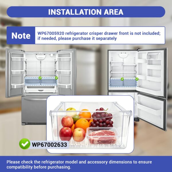 WP67002633 Refrigerator Crisper Drawer Compatible with whirlpool, amana, crosley, jenn-air, kenmore, kitchenaid and maytag GB2FHDXWS07 etc, Refrigerator Crisper Pan Replace for 12530501, 12530505 etc - Image 7