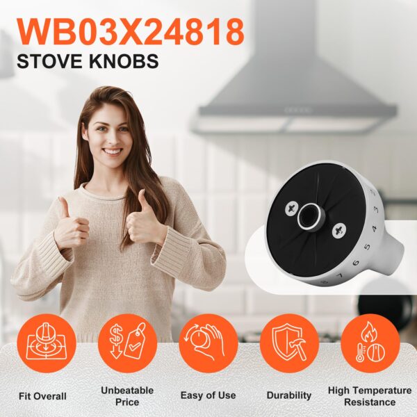 Stainless Steel WB03X24818 Gas Stove Knob for GE Gas Range, Compatible with JGB64, JGB66, JGB70, JGB72, JGB73, JGB86, JGBS6, JGBS8 GE Adora Series, Replaces PS11729081-5 Packs (1 Year Warranty) - Image 4