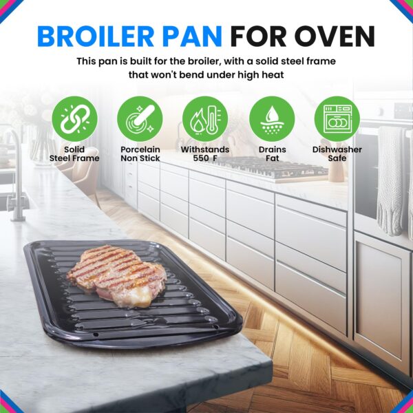 Broiler Pan for Oven Nonstick Porcelain Coated - 16.75” x 12.75” Whirlpool 4396923 Replacement Broiling Pan for Oven With Rack for High-Temperatures - Image 3