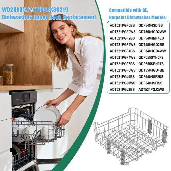 Upgraded WD28X30219 WD28X35779 Dishwasher Upper Rack Replacement Compatible with GE Dishwasher Rack Parts Hotpoint Models ADT521PGF0BS ADT521PGF0WS with WD12X22801 Wheels