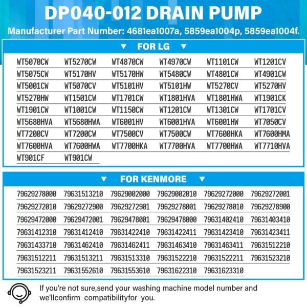 DP040-012 Drain Pump Replacement for LG & Kenmore Washer 4681EA1007A 5859EA1004P 5859EA1004F WT5070CW WT5270CW WT4870CW WT4970CW - Image 2