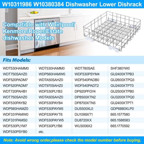 UPGRADED W10311986 W10380384 Dishwasher Lower Rack Assembly for Whirlpool Kenmore Dishwasher Rack Replacement Parts,W10311986 W11158802 Whirlpool Dishwasher Bottom Rack with Wheel Dishrack - Image 4