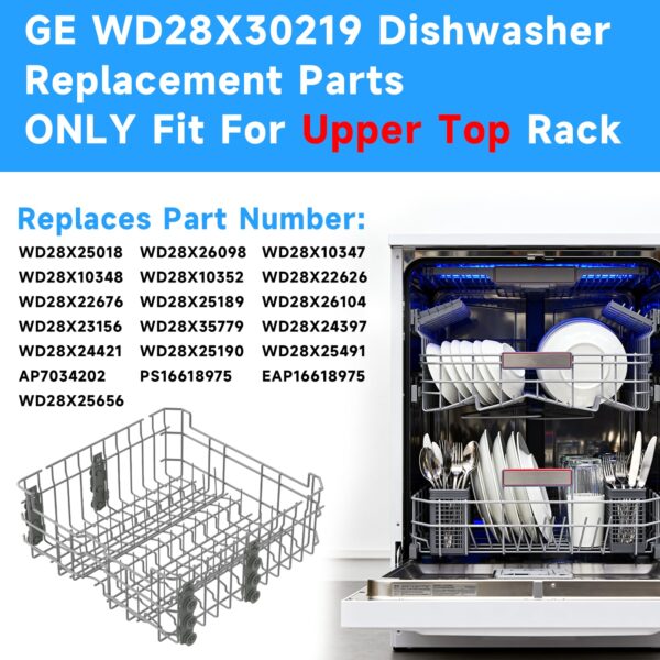 WD28X30219 WD28X35779 Upper Dishrack for Ge Dishwasher Rack Replacement WD28X24397 WD28X26098 Dishwasher Top Rack Replacement with Roller Wheels,GE GDT535PSM0SS GDT550PYR0FS Dishwasher Upper Rack