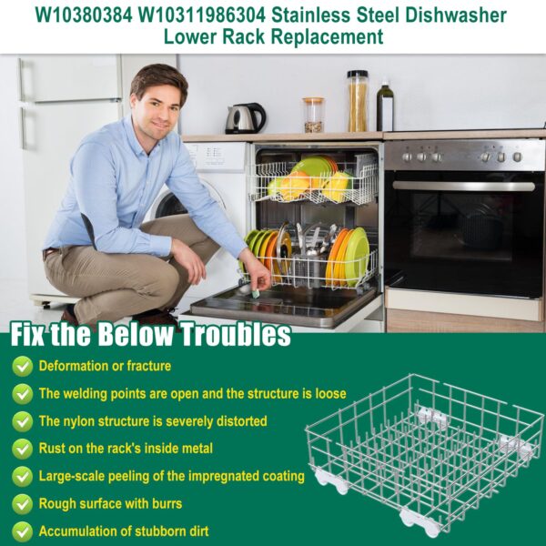 Upgraded 304 Stainless Steel W10311986 W10380384 Dishwasher Lower Rack Replacement for Whirlpool Dishwasher Bottom Rack 300563, DU911PCDQO with WP3376961 Wheels - Image 2