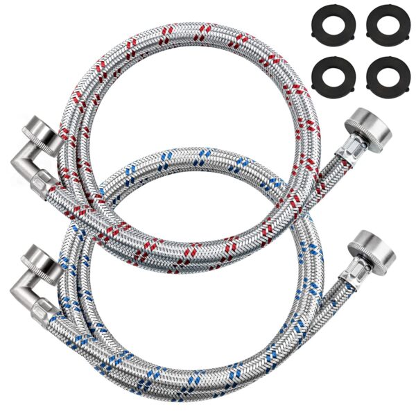 【UPGRADED】4FT Stainless Steel Washer Hoses with 90 Degree Elbows by Beaquicy - 2 Pack No-Lead Burst Proof Hot & Cold Water Connection Inlet Washer Supply Lines