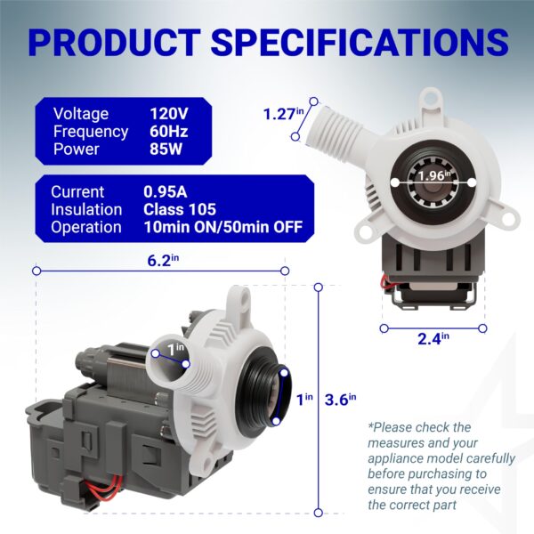 BlueStars W10276397 Washer Drain Pump for Whirlpool Kenmore Maytag Crosley - Image 5