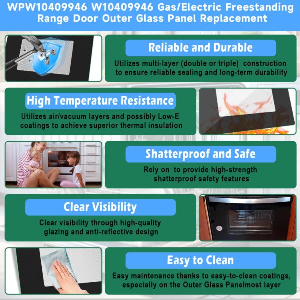 Upgraded WPW10409946 W10409946 Gas/Electric Freestanding Range Oven Stove Door Outer Glass Panel Replacement Compatible with Whirlpool Gas/Electric Range Oven Stove Parts 2210188 AP6021060 PS11754380