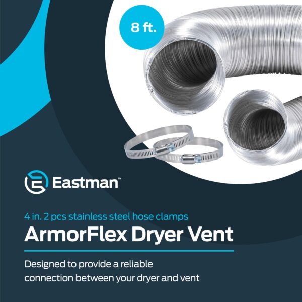 Eastman 8 Foot ArmorFlex Dryer Vent, Flexible Aluminum Duct with Clamps, Semi-Rigid, 69028 - Image 3
