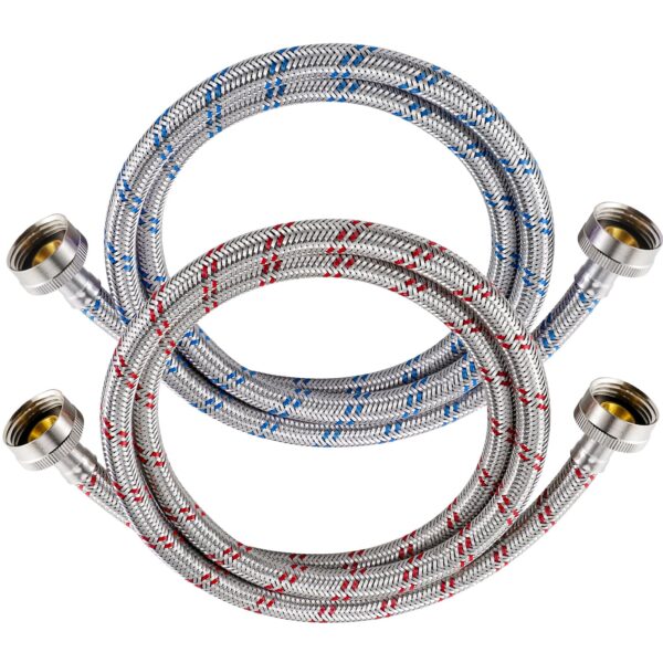 Yejesiy 4 Ft Washing Machine Hoses, 2 Packs Premium Stainless Steel Washer Hoses Burst Proof, Hot and Cold Striped Water Supply Hoses with 3/4'' Standard Interface fit for ALL Washer
