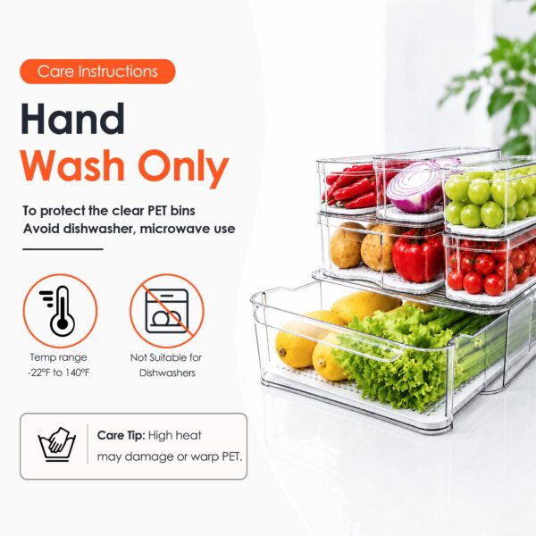 SMRCAD Clear Fridge Bins with Drain Trays - BPA-Free PET, Stackable(6 Pack) - Image 3