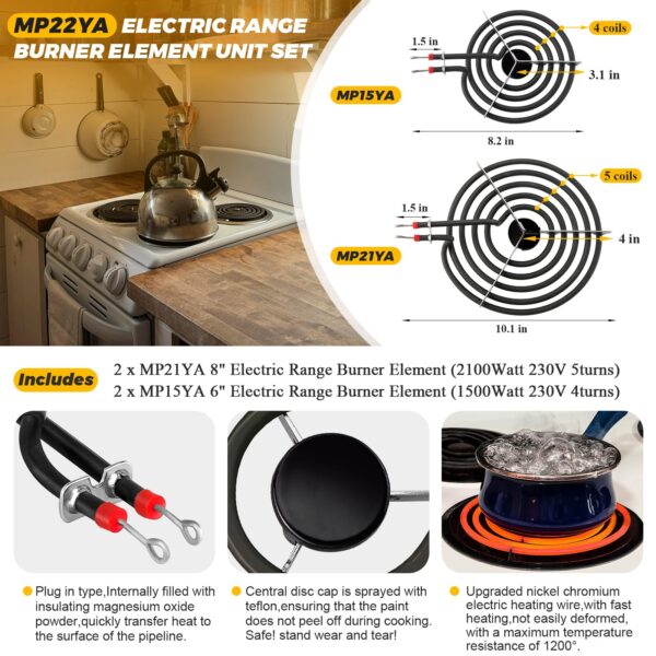2026 MP22YA Electric Range Burner Element Unit Set with 330031 Range Burner Receptacle Kit & 5304430149 5304430150 Porcelain Drip Pan Set for Frigidaire Whirlpool Kenmore Maytag Range Oven - Image 3
