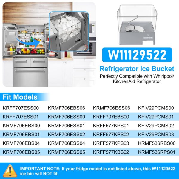Upgraded W11129522 Refrigerator Ice Bucket Compatible with KitchenAid Ice Maker Replacement W10564750 Whirlpool Removable Ice Bin KRFF707ESS01 KRMF706ESS01 Kitchenaid Ice Bucket Ice Container Ice Tray - Image 5