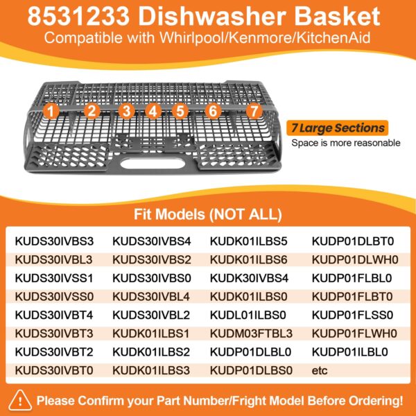 UPGRADED 8531233 WP8531233 Dishwasher Silverware Basket For Whirlpool Kenmore Kitchenaid Dishwasher Silverware Basket Replacement Kitchen Aid Dishwasher Utensil Basket Universal Holder Dishwasher Rack - Image 6