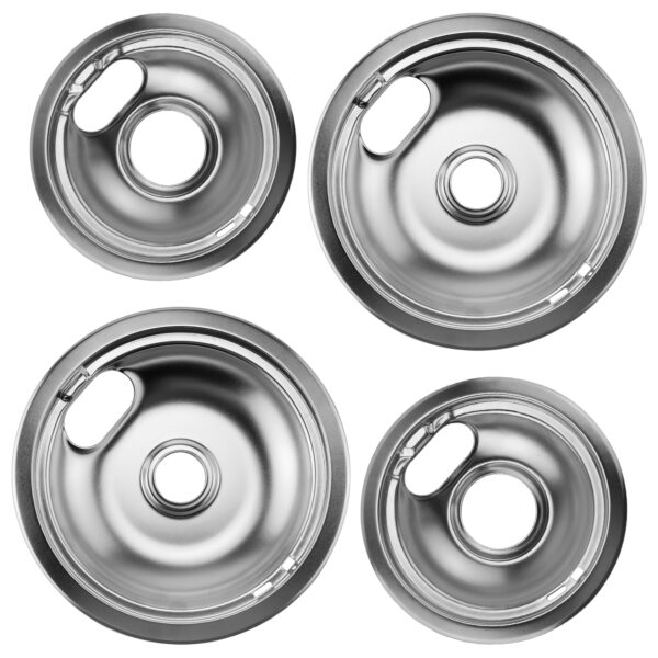 W10196406 and W10196405 Chrome Stove Burner Drip Pan Set for Whirlpool Amana Maytag Magic-Chef Kenmore Electric Range with Locking Slot, Includes 2 6-Inch and 2 8-Inch Drip Bowls - Image 5