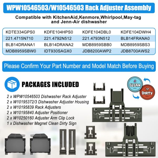 WPW10546503 Dishwasher Upper Rack &W10195372 W10195373 Adjuster Housing - Image 5