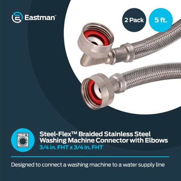 Eastman 5 ft Washing Machine Hose Connectors with Elbows, Pack of 2, 3/4 in FHT x 3/4 in FHT, Braided Stainless Steel, 41065 - Image 3