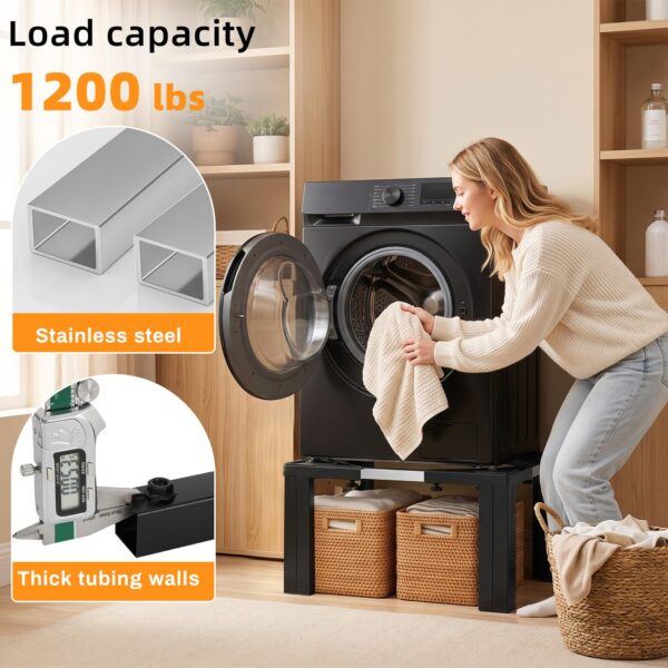 Adjustable Washer Dryer Pedestal, 12” Heavy Duty Stand (1200 lbs), 19”-29.5” Universal Fit Laundry Riser with Anti-Vibration Pads, Stainless Steel Base for Washing Machine, Dryer, Refrigerator,Black - Image 3