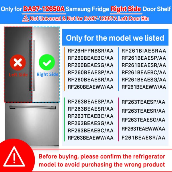 DA97-12650A Door Shelf Bin Only for Right Side Samsung Refrigerator Door Shelf Replacement for Samsung RF263BEAESR RF261BEAESR RF260BEAESR Door Bin for Samsung Fridge Door Shelves With 5 Fridge Magnet - Image 3