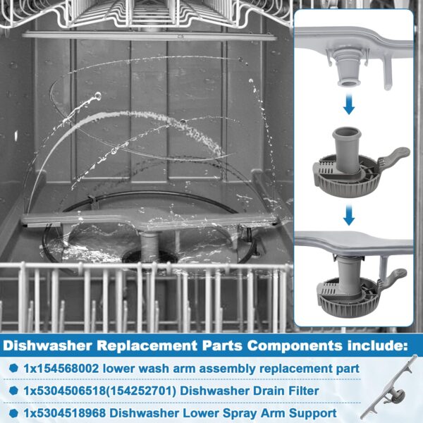 154568002 Dishwasher Lower Spray Arm Assembly with 5304518968 Support & 5304506518 Trap Drain Filter Replacement for Frigidaire Electrolux Kenmore Dishwasher 1545680 5304517203 154568001 154414101 - Image 2