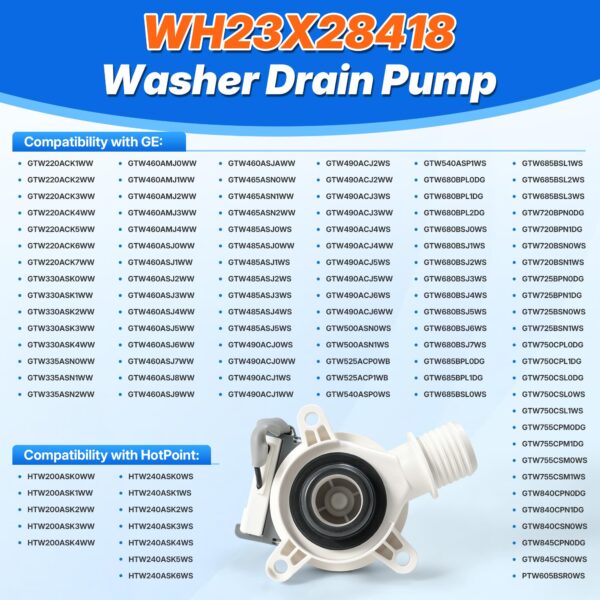 WH23X28418 Washer Drain Pump Compatible with GE Hotpoint Replacement - Image 2