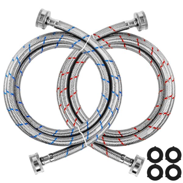 6Ft Stainless Steel Washing Machine Hoses Burst Proof Hot and Cold Water Supply Hoses Universal for All Washers by Techecook - 2Pack Premium Water Supply Lines - 10 Years Warranty