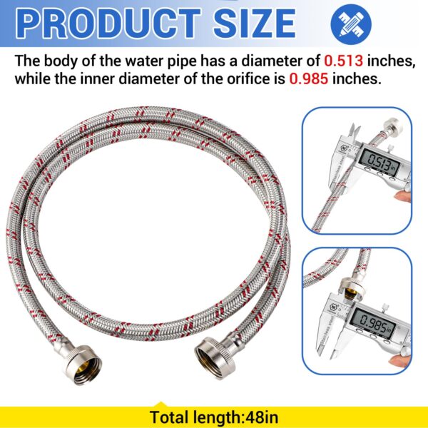 Yejesiy 4 Ft Washing Machine Hoses, 2 Packs Premium Stainless Steel Washer Hoses Burst Proof, Hot and Cold Striped Water Supply Hoses with 3/4'' Standard Interface fit for ALL Washer - Image 7