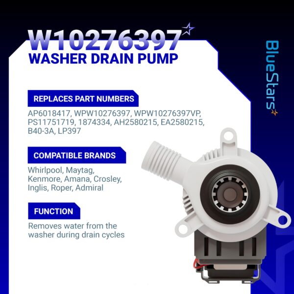 BlueStars W10276397 Washer Drain Pump for Whirlpool Kenmore Maytag Crosley - Image 4