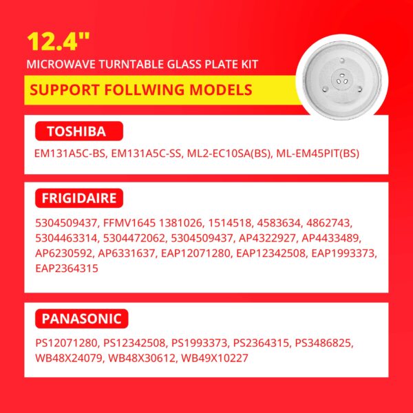 12.4" Toshiba Microwave Turntable Glass Plate + Roller Ring + Coupler Feet Kit – Replacement for EM131A5C-BS / EM131A5C-SS / ML2-EC10SA(BS) / ML-EM45PIT(BS), Panasonic, Emerson & Frigidaire Microwaves - Image 2