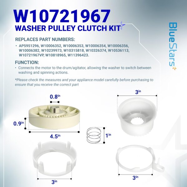 [Upgraded] BlueStars W10721967 Washer Pulley Clutch Kit & W10006384 Belt - Image 3