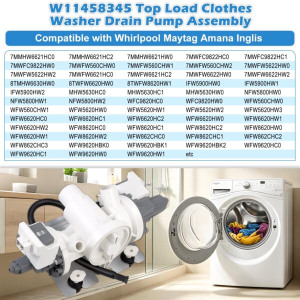 Upgraded W11458345 Washer Drain Pump W10918608 W11316609 W11319789 - Image 2
