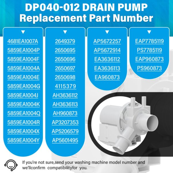DP040-012 Drain Pump Replacement for LG & Kenmore Washer 4681EA1007A 5859EA1004P 5859EA1004F WT5070CW WT5270CW WT4870CW WT4970CW