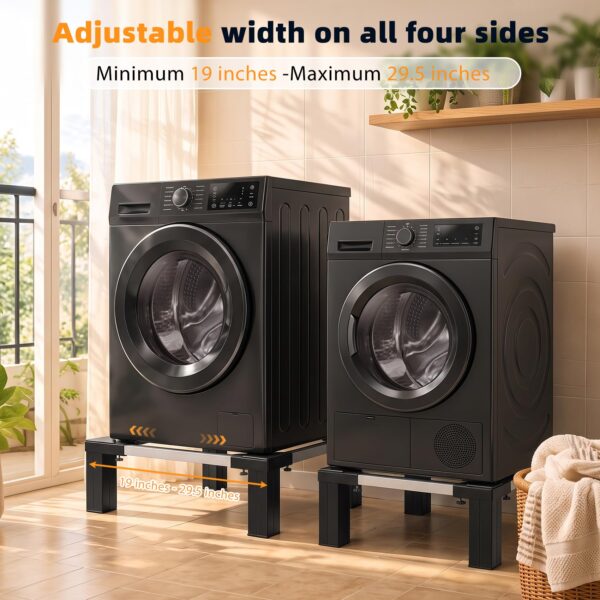 Adjustable Washer Dryer Pedestal, 12” Heavy Duty Stand (1200 lbs), 19”-29.5” Universal Fit Laundry Riser with Anti-Vibration Pads, Stainless Steel Base for Washing Machine, Dryer, Refrigerator,Black - Image 7