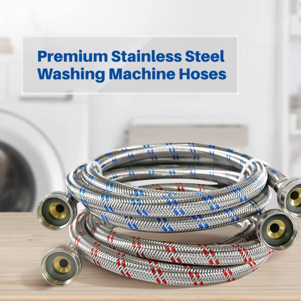 K&J Premium 6ft Washing Machine Hoses Burst Proof 2 Pack - Hot and Cold Water Supply Hoses for Washing Machines (Stainless Steel) - Image 3